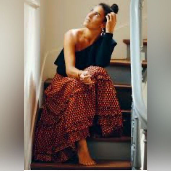 LA DoubleJ Red and Black Patterned Maxi Skirt - Picture 2 of 5